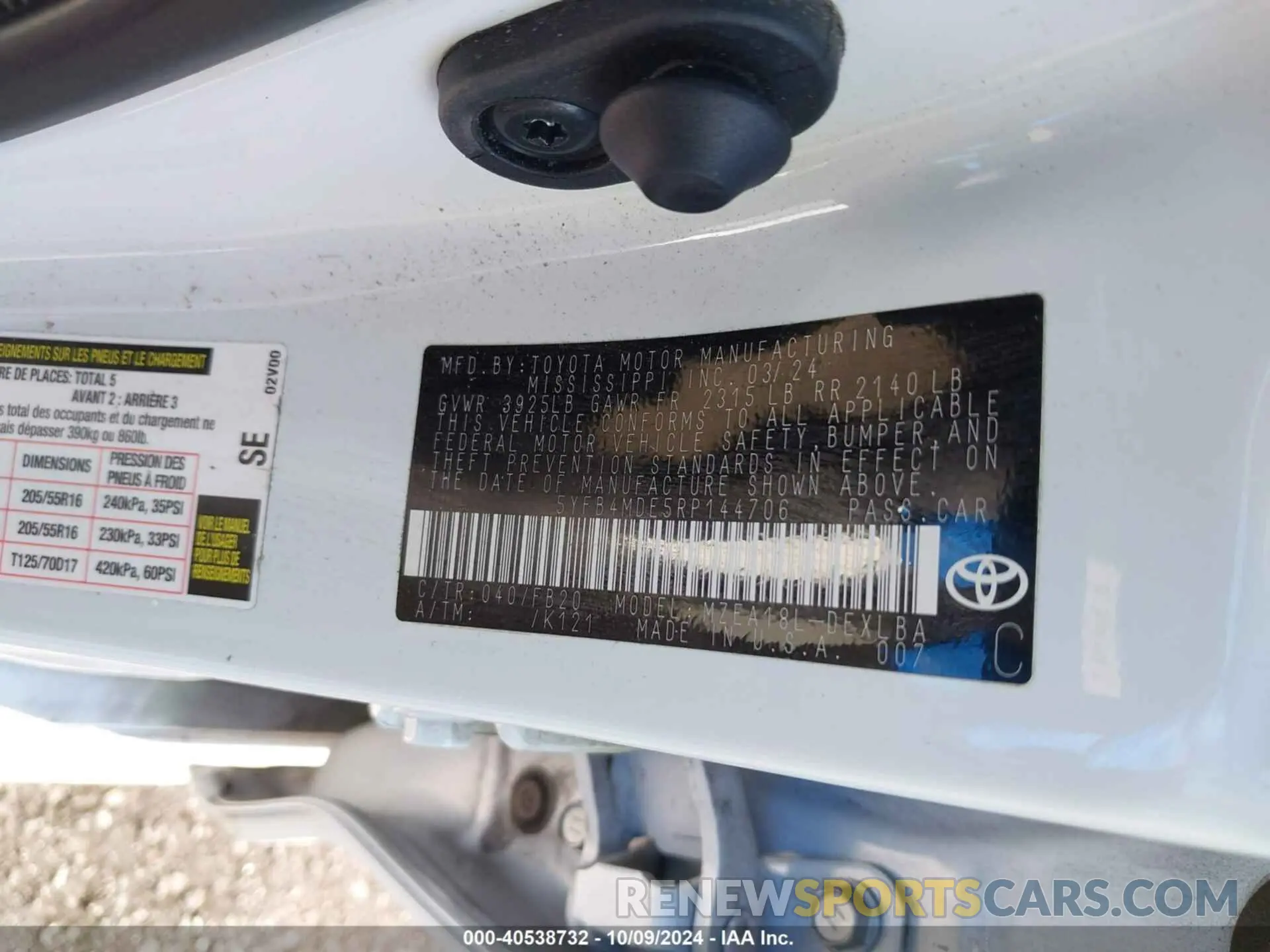9 fotografías del automóvil dañado 5YFB4MDE5RP144706 TOYOTA COROLLA 2024