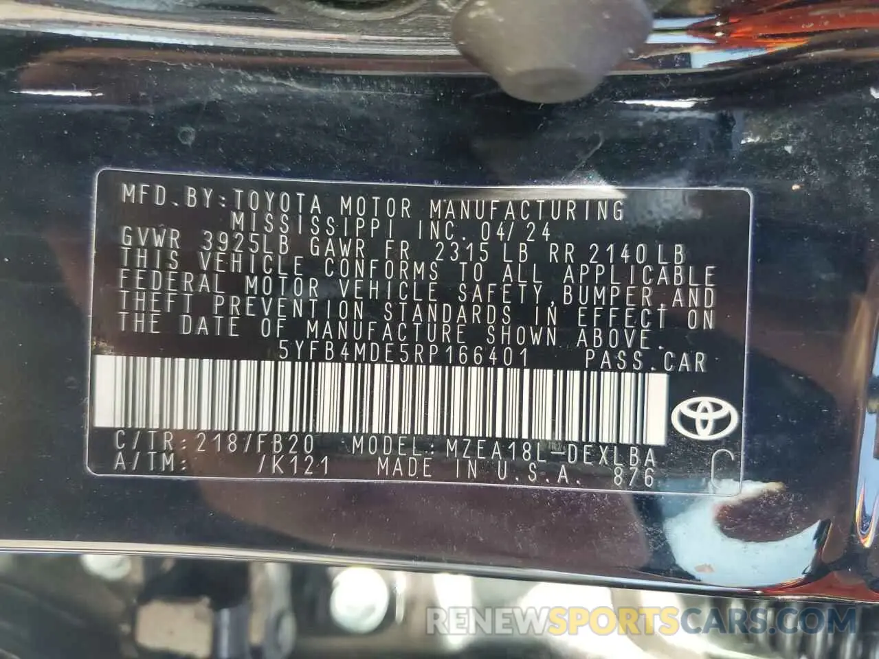 12 fotografías del automóvil dañado 5YFB4MDE5RP166401 TOYOTA COROLLA 2024