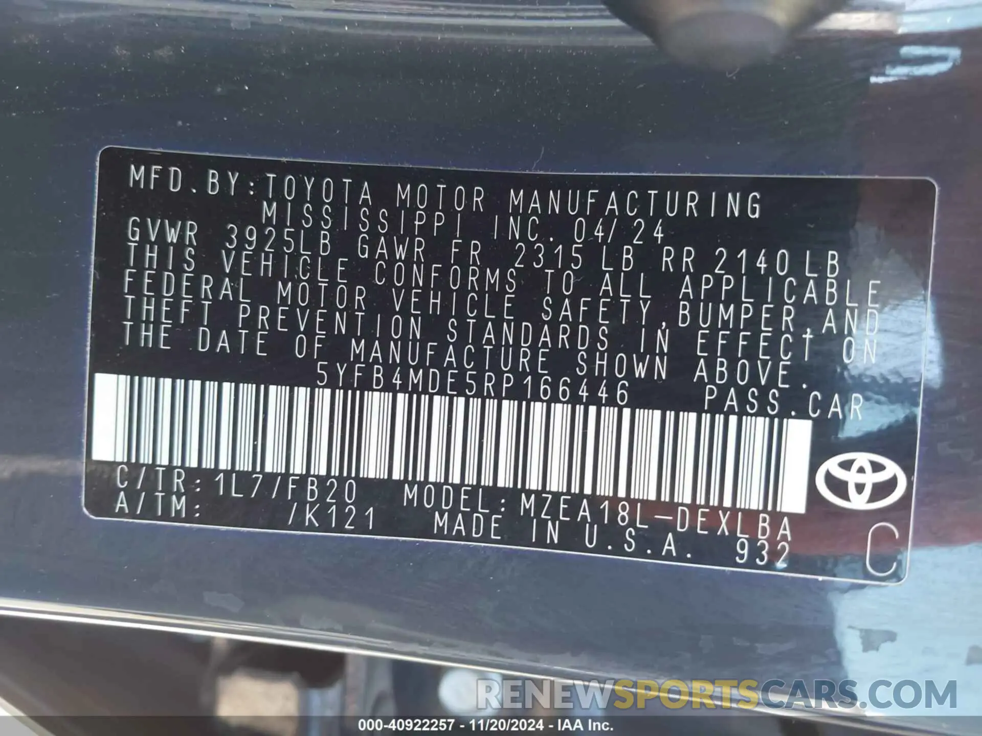 9 fotografías del automóvil dañado 5YFB4MDE5RP166446 TOYOTA COROLLA 2024