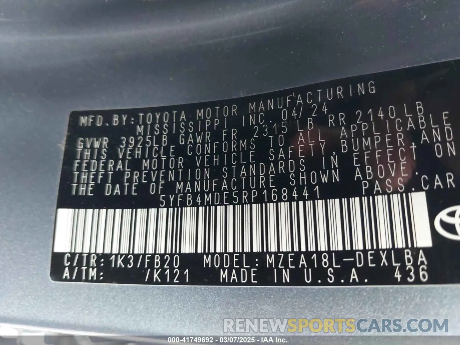 9 fotografías del automóvil dañado 5YFB4MDE5RP168441 TOYOTA COROLLA 2024