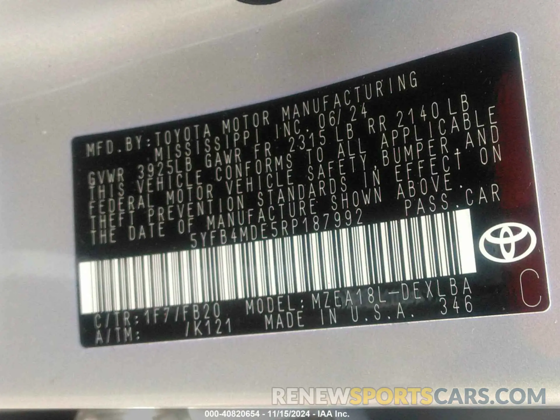 9 fotografías del automóvil dañado 5YFB4MDE5RP187992 TOYOTA COROLLA 2024