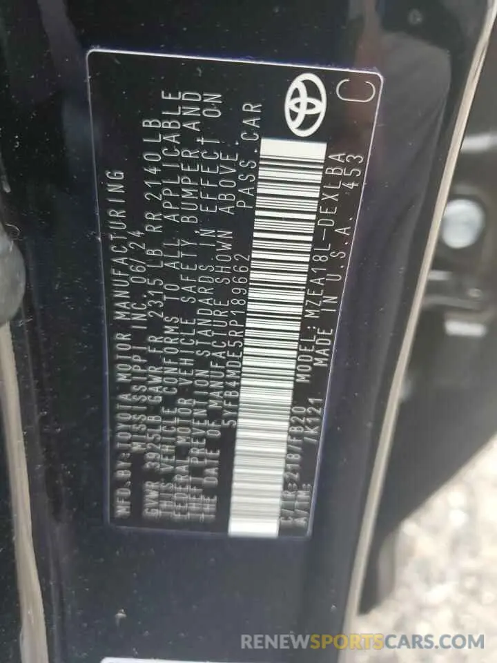 12 fotografías del automóvil dañado 5YFB4MDE5RP189662 TOYOTA COROLLA 2024