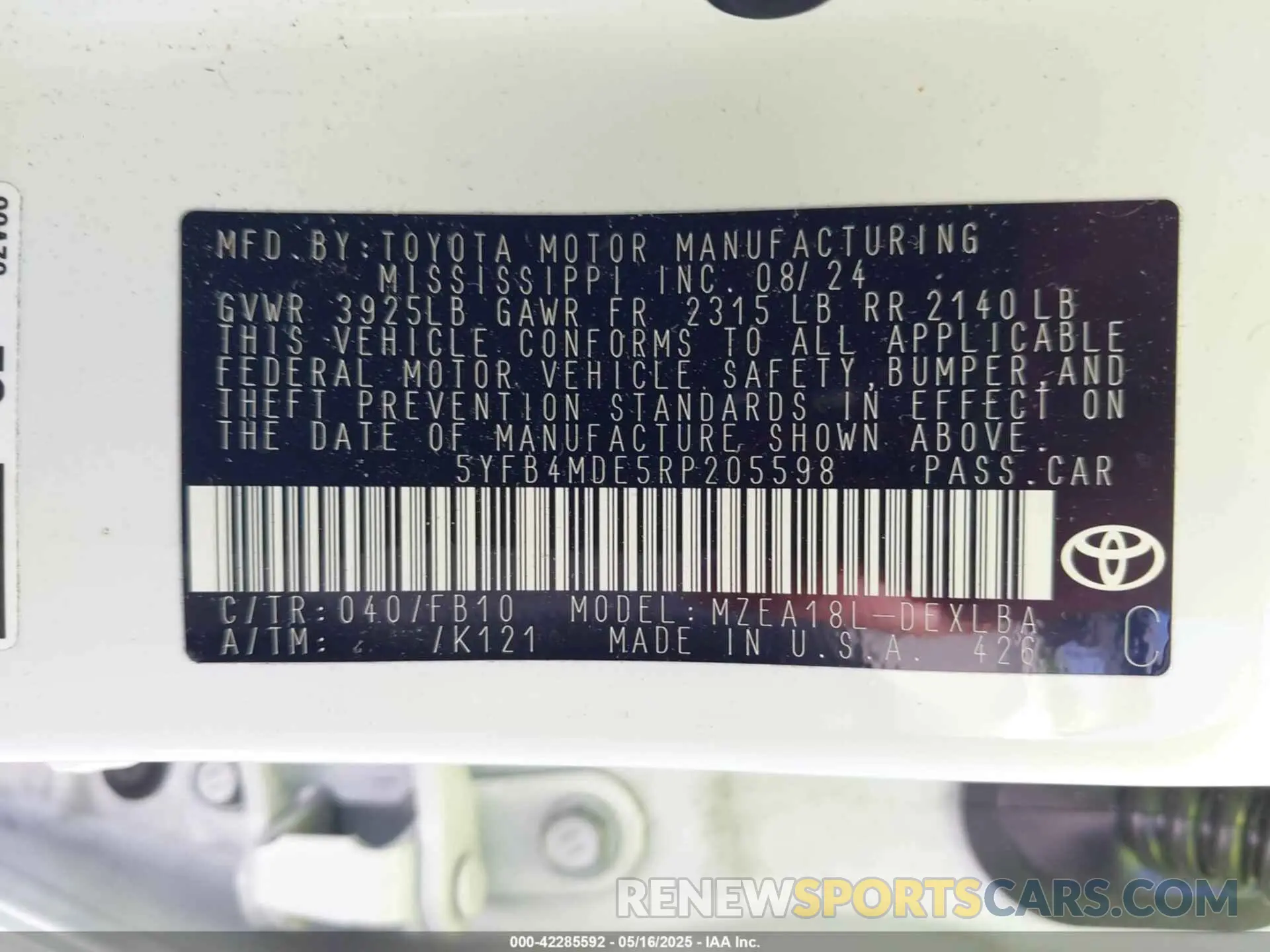 9 fotografías del automóvil dañado 5YFB4MDE5RP205598 TOYOTA COROLLA 2024