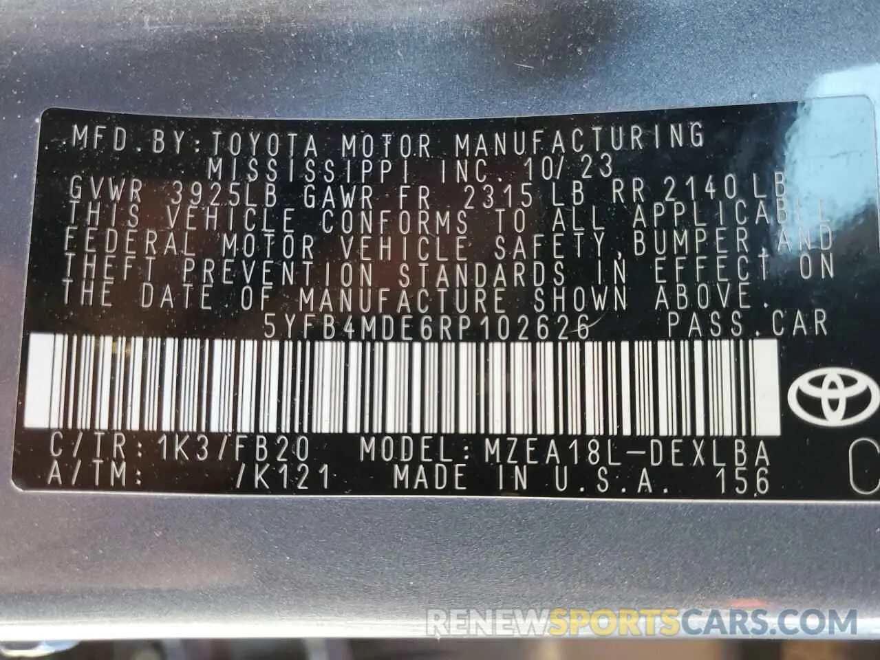 12 fotografías del automóvil dañado 5YFB4MDE6RP102626 TOYOTA COROLLA 2024