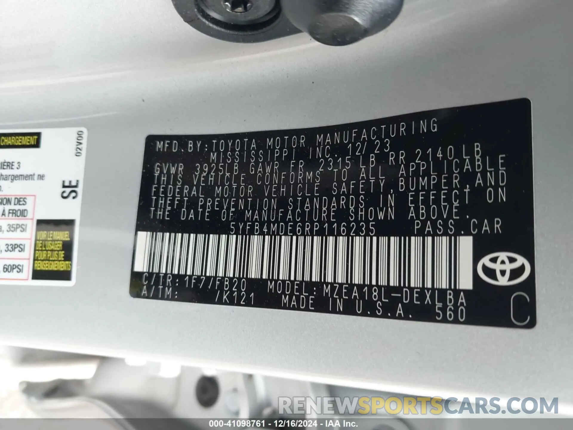 9 fotografías del automóvil dañado 5YFB4MDE6RP116235 TOYOTA COROLLA 2024