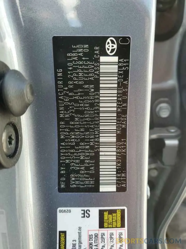 12 fotografías del automóvil dañado 5YFB4MDE6RP192893 TOYOTA COROLLA 2024