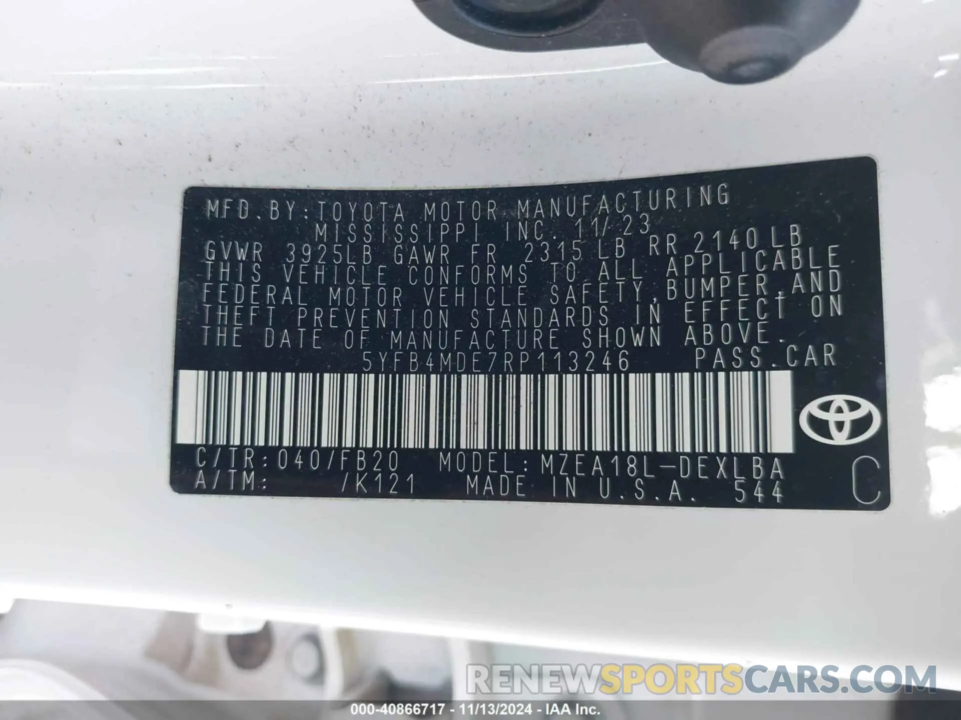 9 fotografías del automóvil dañado 5YFB4MDE7RP113246 TOYOTA COROLLA 2024