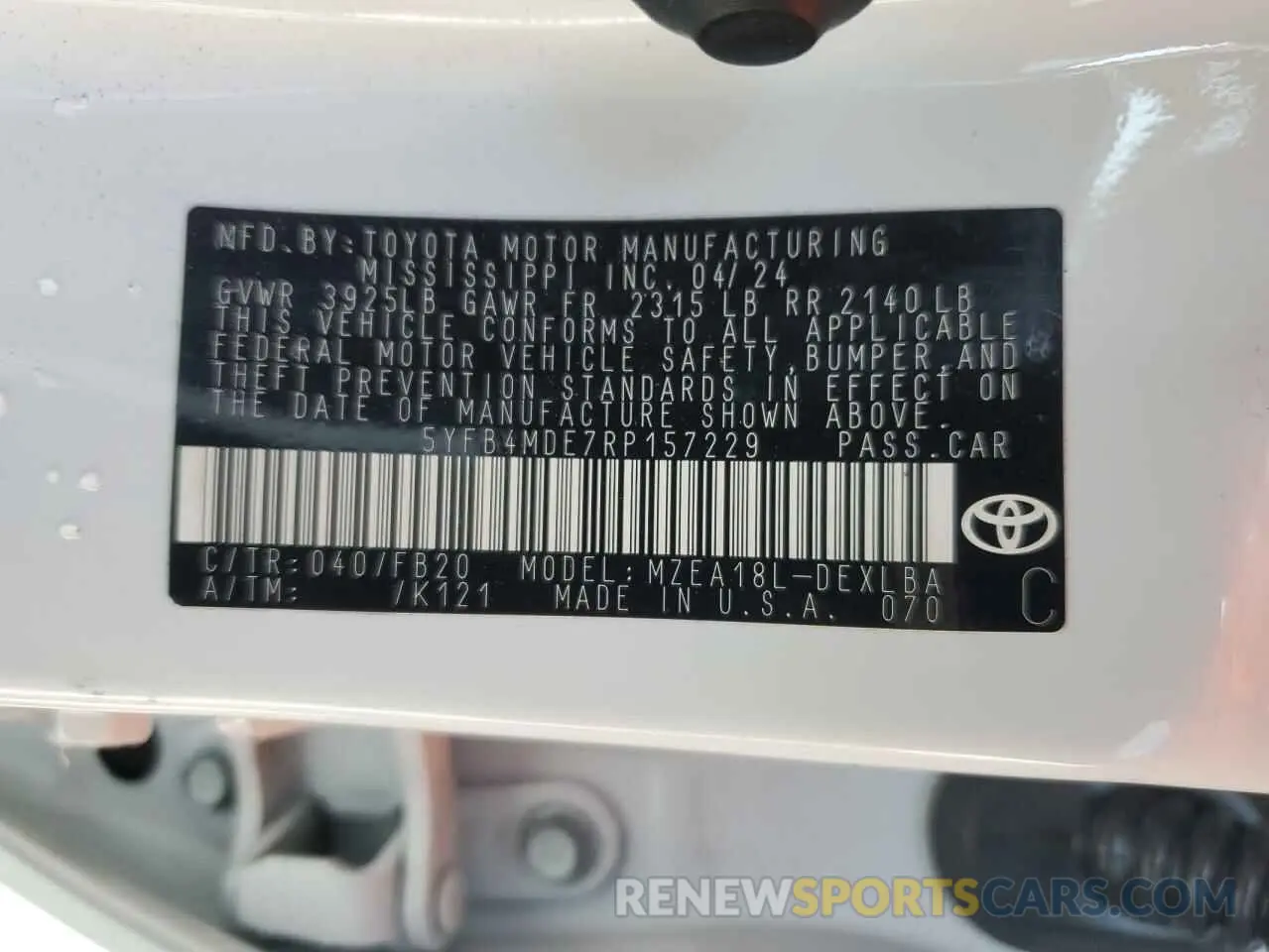 12 fotografías del automóvil dañado 5YFB4MDE7RP157229 TOYOTA COROLLA 2024