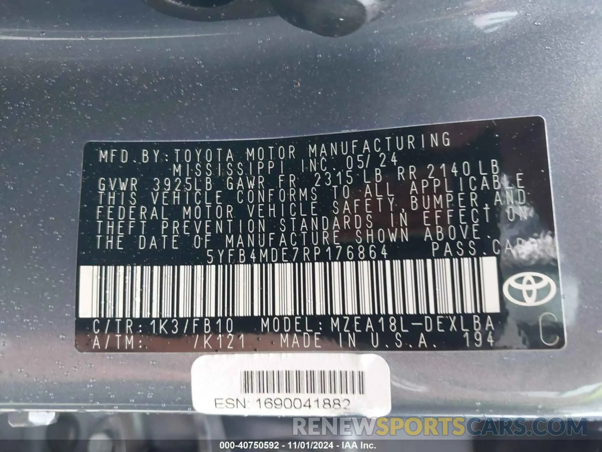 9 fotografías del automóvil dañado 5YFB4MDE7RP176864 TOYOTA COROLLA 2024