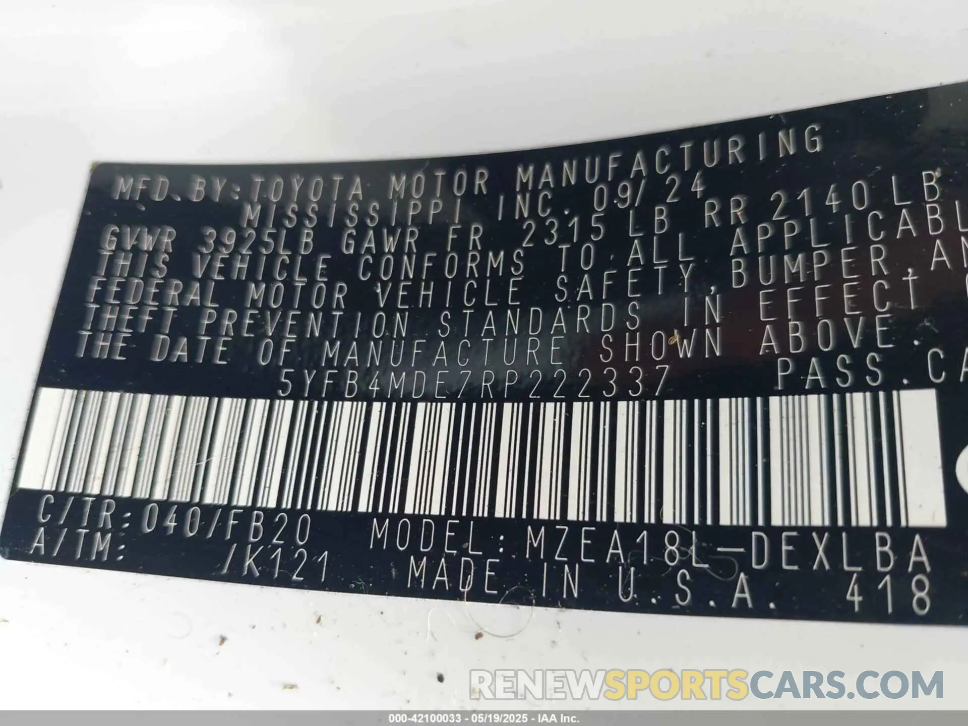9 fotografías del automóvil dañado 5YFB4MDE7RP222337 TOYOTA COROLLA 2024