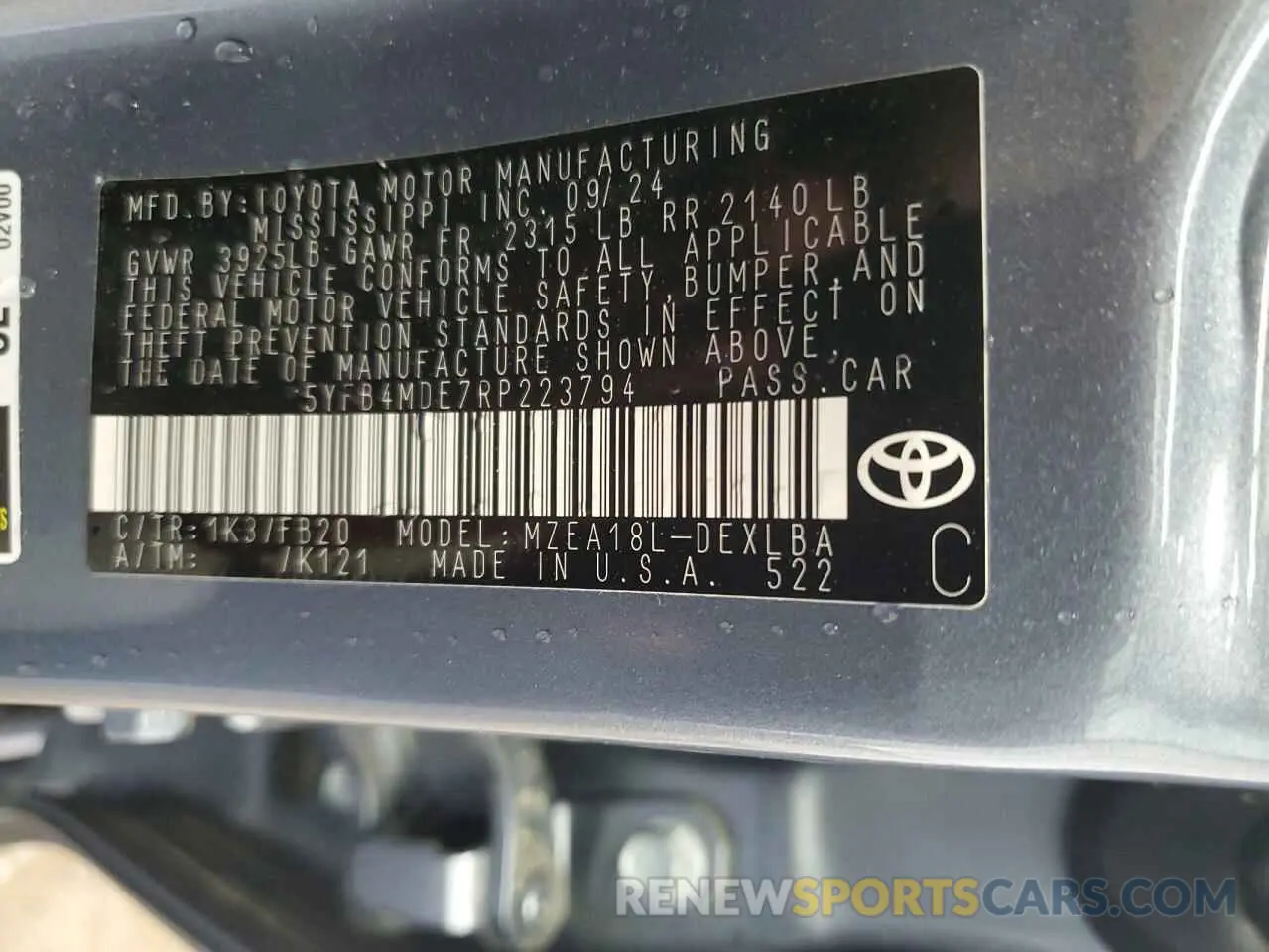 12 fotografías del automóvil dañado 5YFB4MDE7RP223794 TOYOTA COROLLA 2024