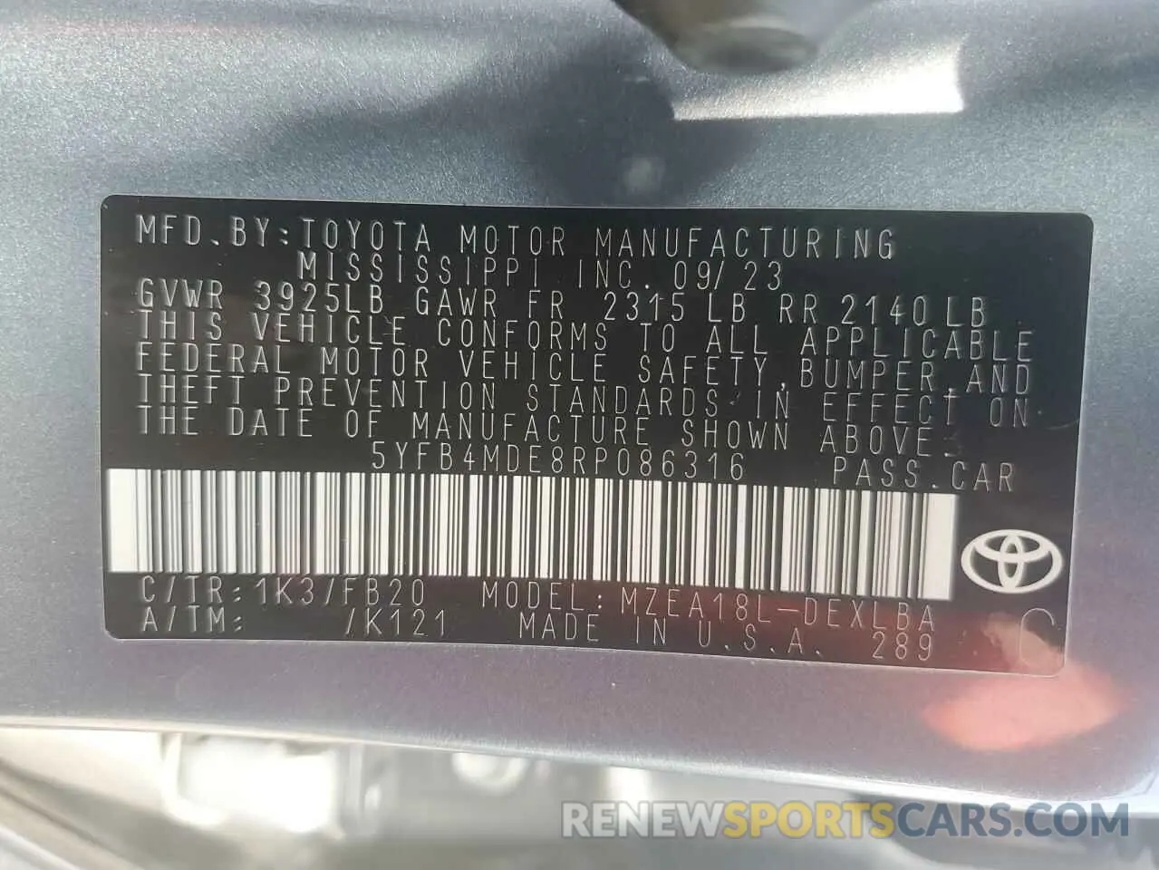 12 fotografías del automóvil dañado 5YFB4MDE8RP086316 TOYOTA COROLLA 2024