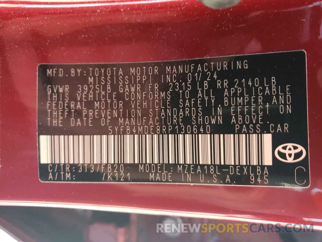 12 fotografías del automóvil dañado 5YFB4MDE8RP130640 TOYOTA COROLLA 2024