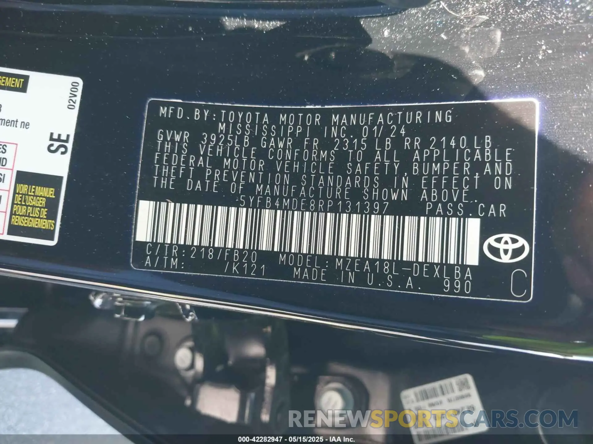 9 fotografías del automóvil dañado 5YFB4MDE8RP131397 TOYOTA COROLLA 2024