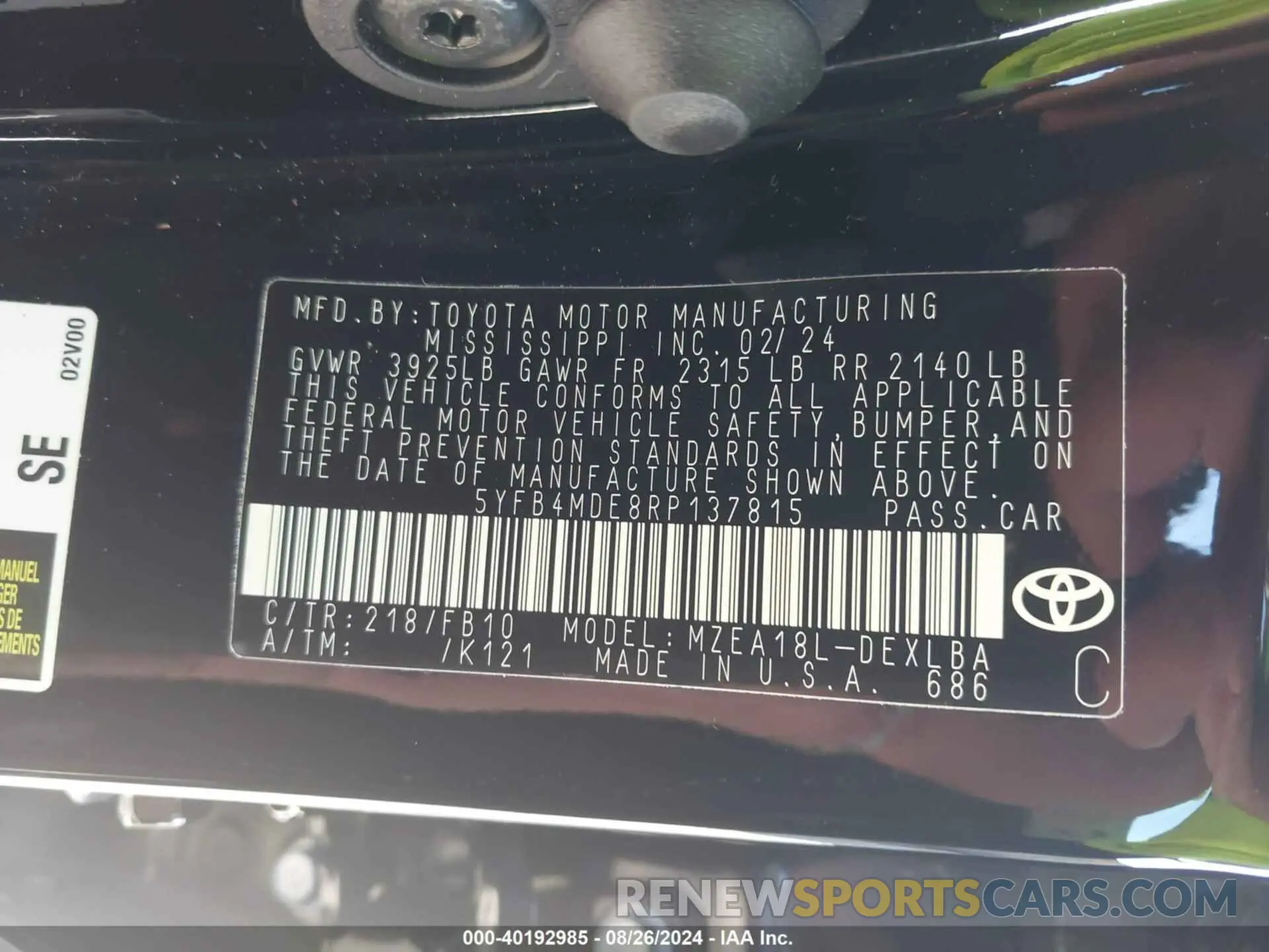 9 fotografías del automóvil dañado 5YFB4MDE8RP137815 TOYOTA COROLLA 2024