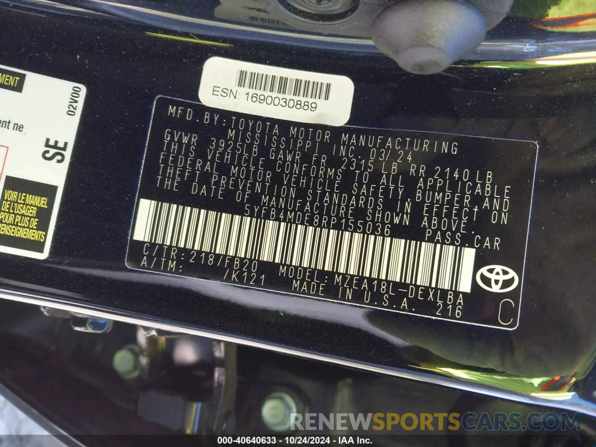 9 fotografías del automóvil dañado 5YFB4MDE8RP155036 TOYOTA COROLLA 2024