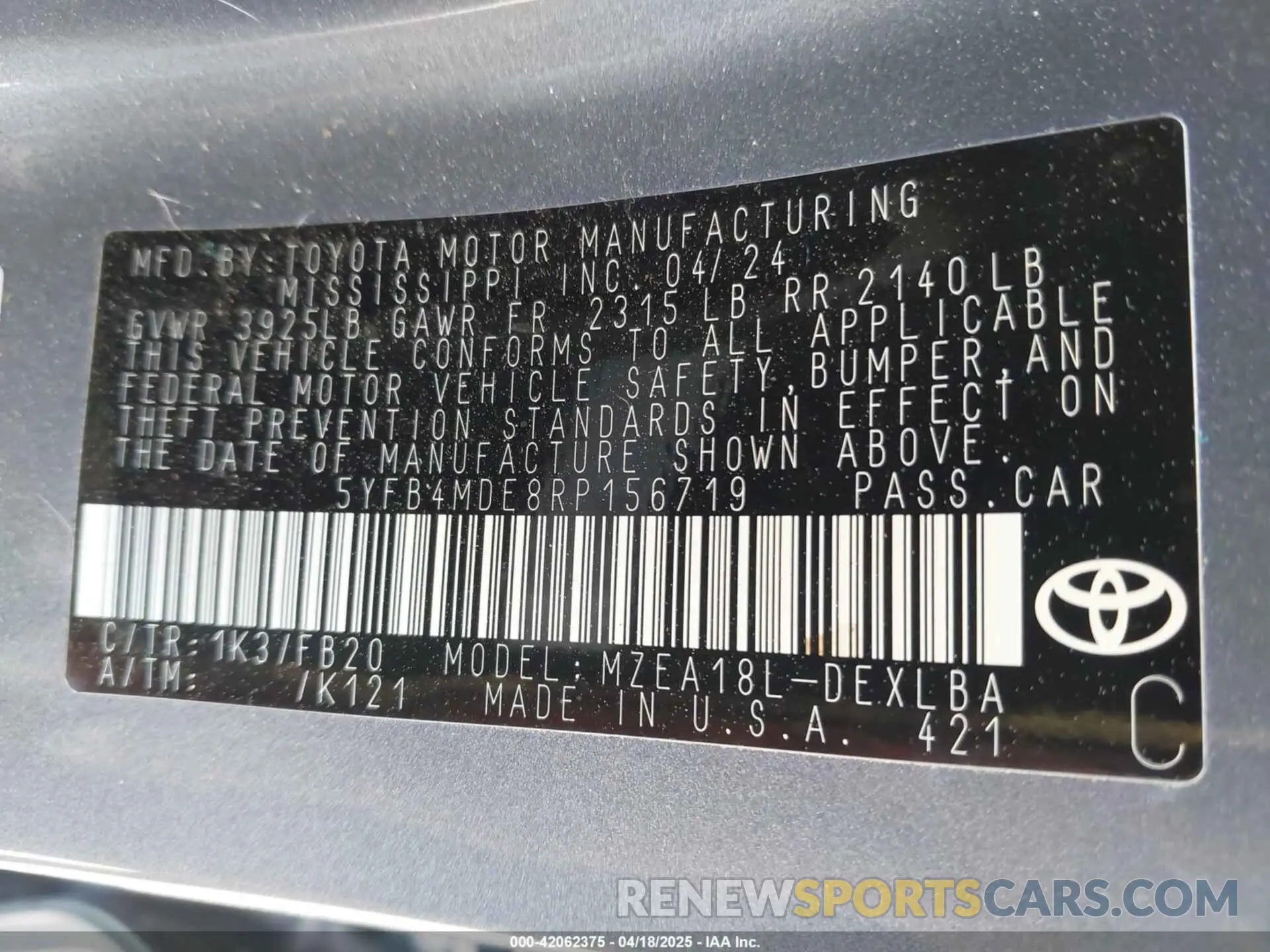 9 fotografías del automóvil dañado 5YFB4MDE8RP156719 TOYOTA COROLLA 2024