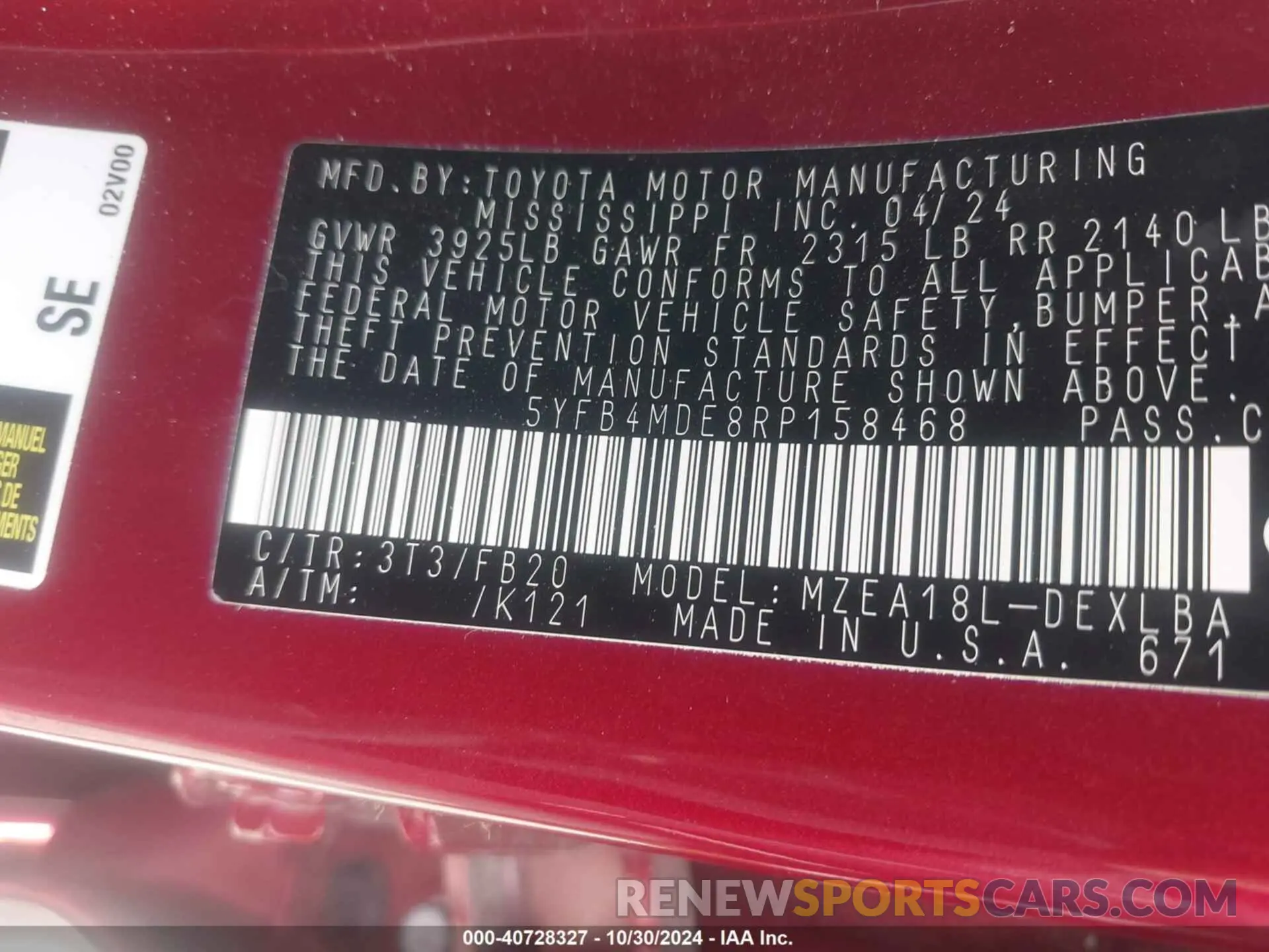 9 fotografías del automóvil dañado 5YFB4MDE8RP158468 TOYOTA COROLLA 2024