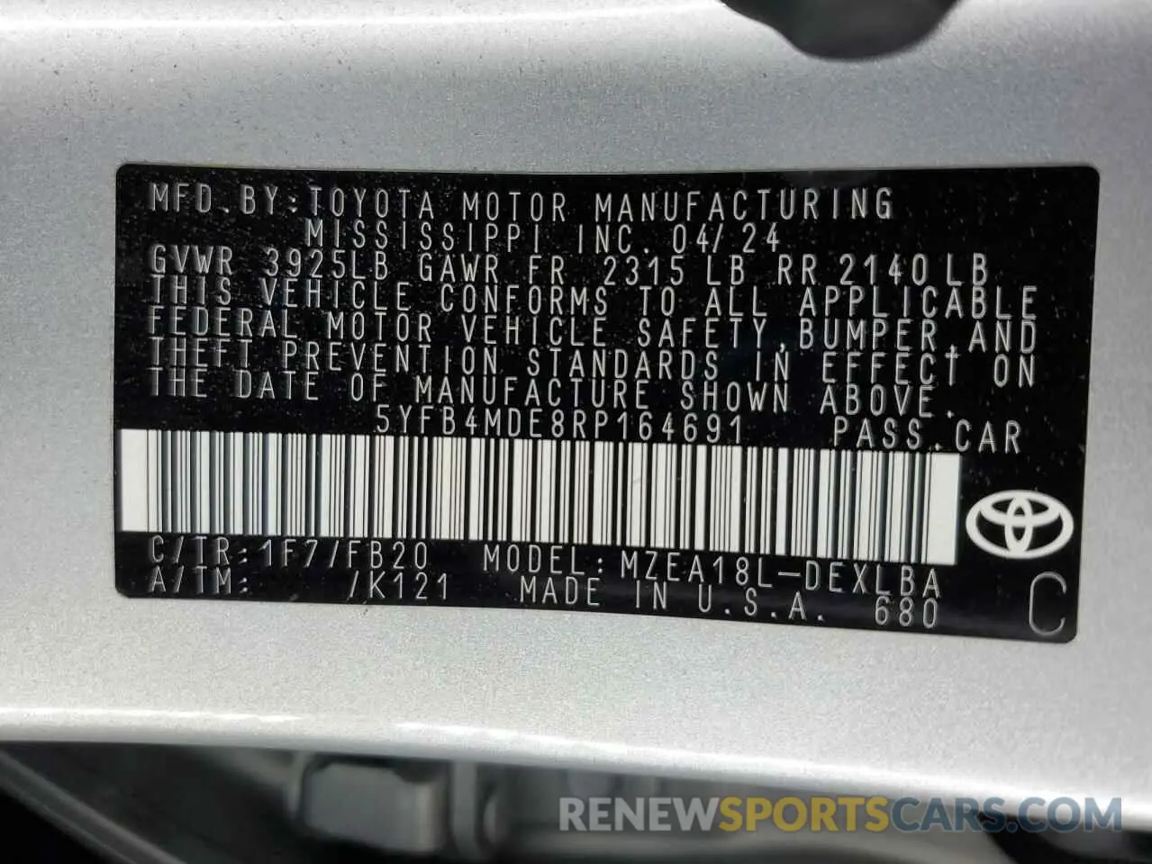 12 fotografías del automóvil dañado 5YFB4MDE8RP164691 TOYOTA COROLLA 2024