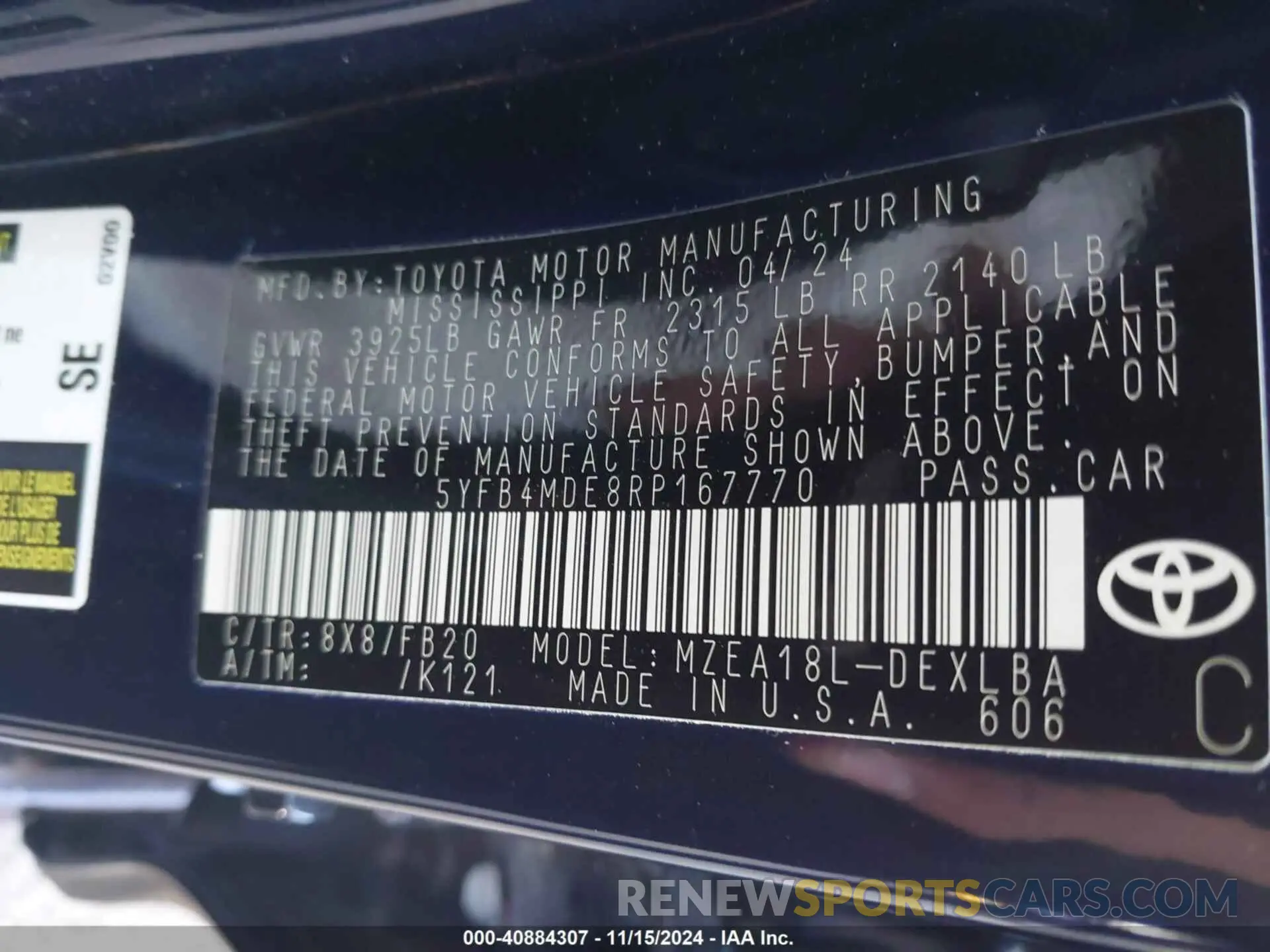 9 fotografías del automóvil dañado 5YFB4MDE8RP167770 TOYOTA COROLLA 2024