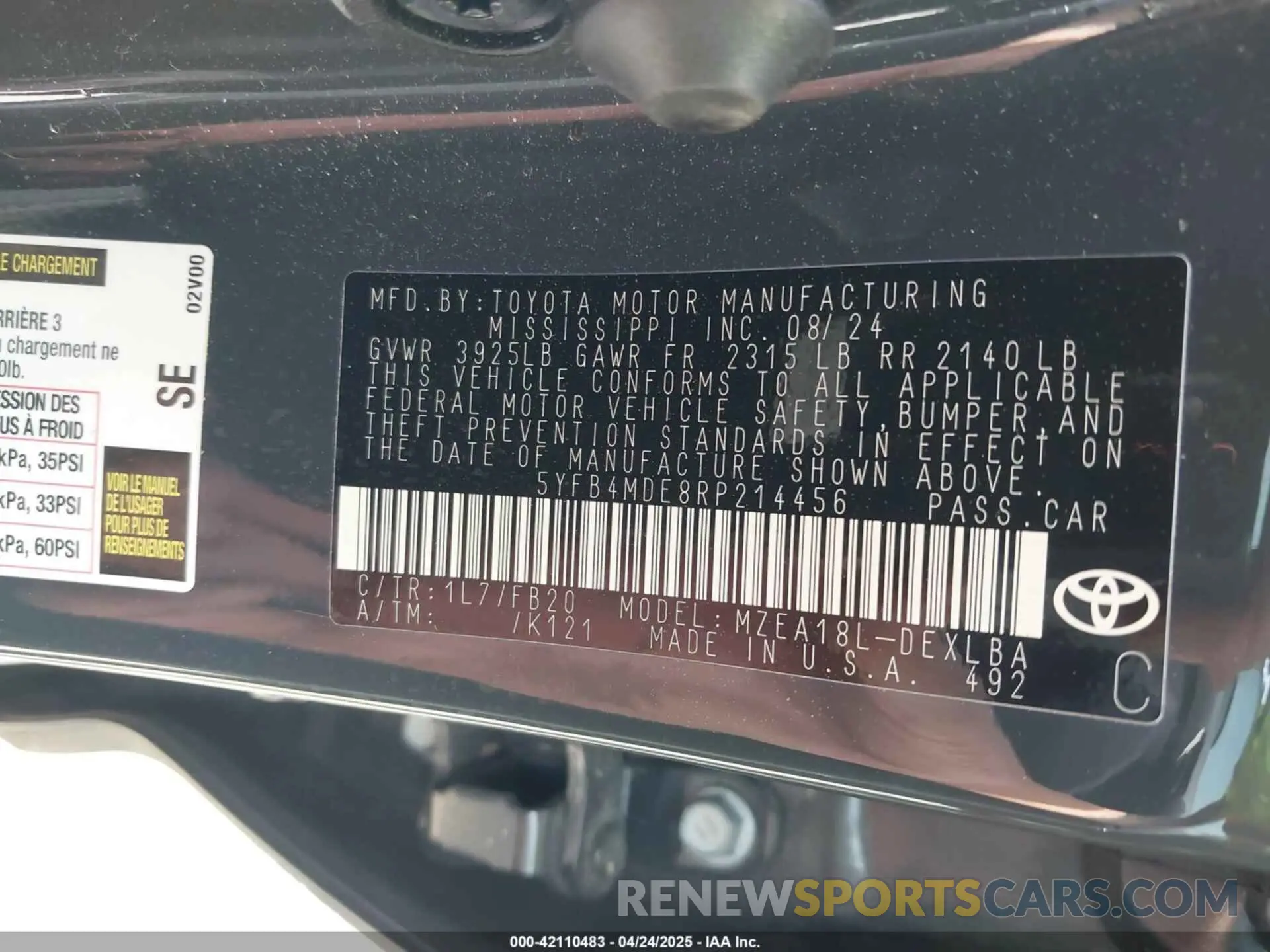 9 fotografías del automóvil dañado 5YFB4MDE8RP214456 TOYOTA COROLLA 2024