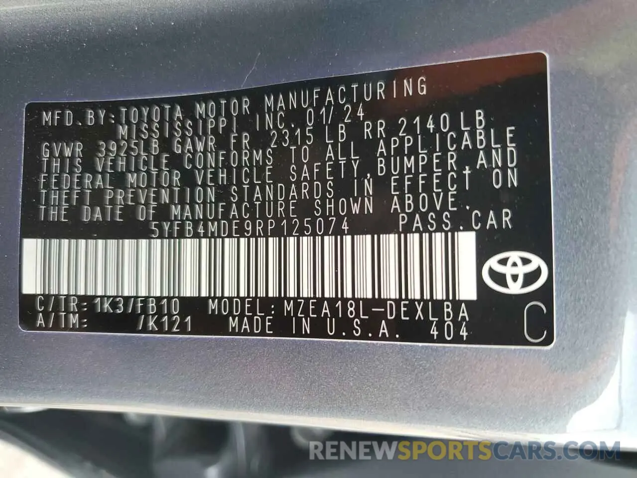 12 fotografías del automóvil dañado 5YFB4MDE9RP125074 TOYOTA COROLLA 2024