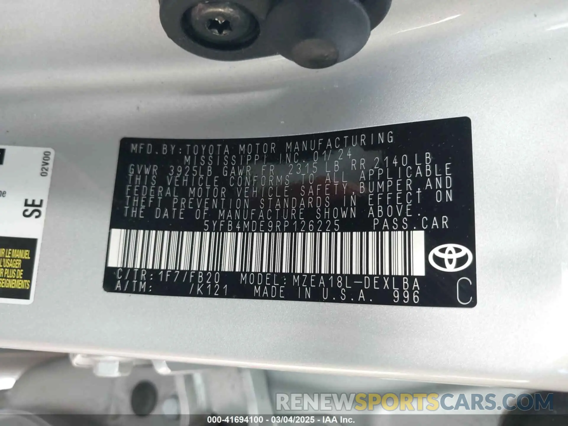9 fotografías del automóvil dañado 5YFB4MDE9RP126225 TOYOTA COROLLA 2024