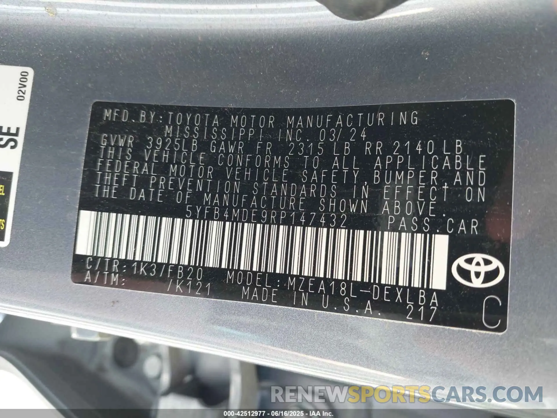9 fotografías del automóvil dañado 5YFB4MDE9RP147432 TOYOTA COROLLA 2024