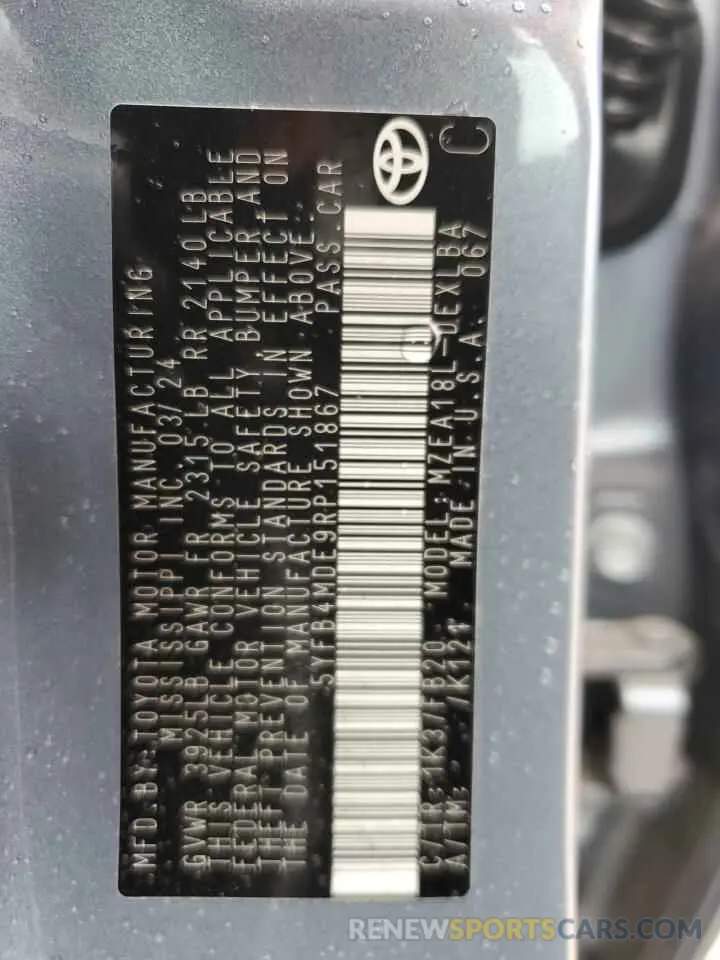 12 fotografías del automóvil dañado 5YFB4MDE9RP151867 TOYOTA COROLLA 2024