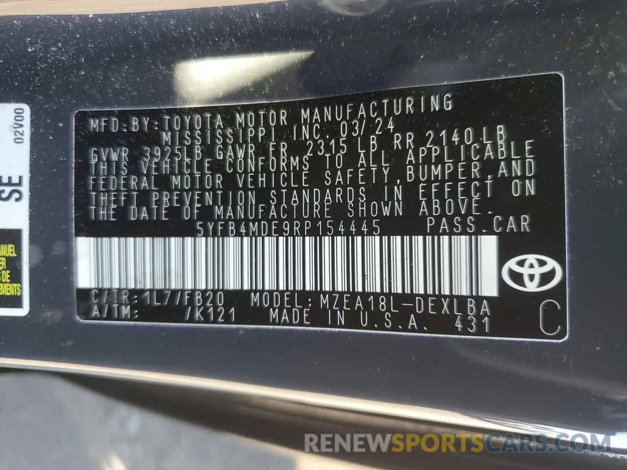 12 fotografías del automóvil dañado 5YFB4MDE9RP154445 TOYOTA COROLLA 2024