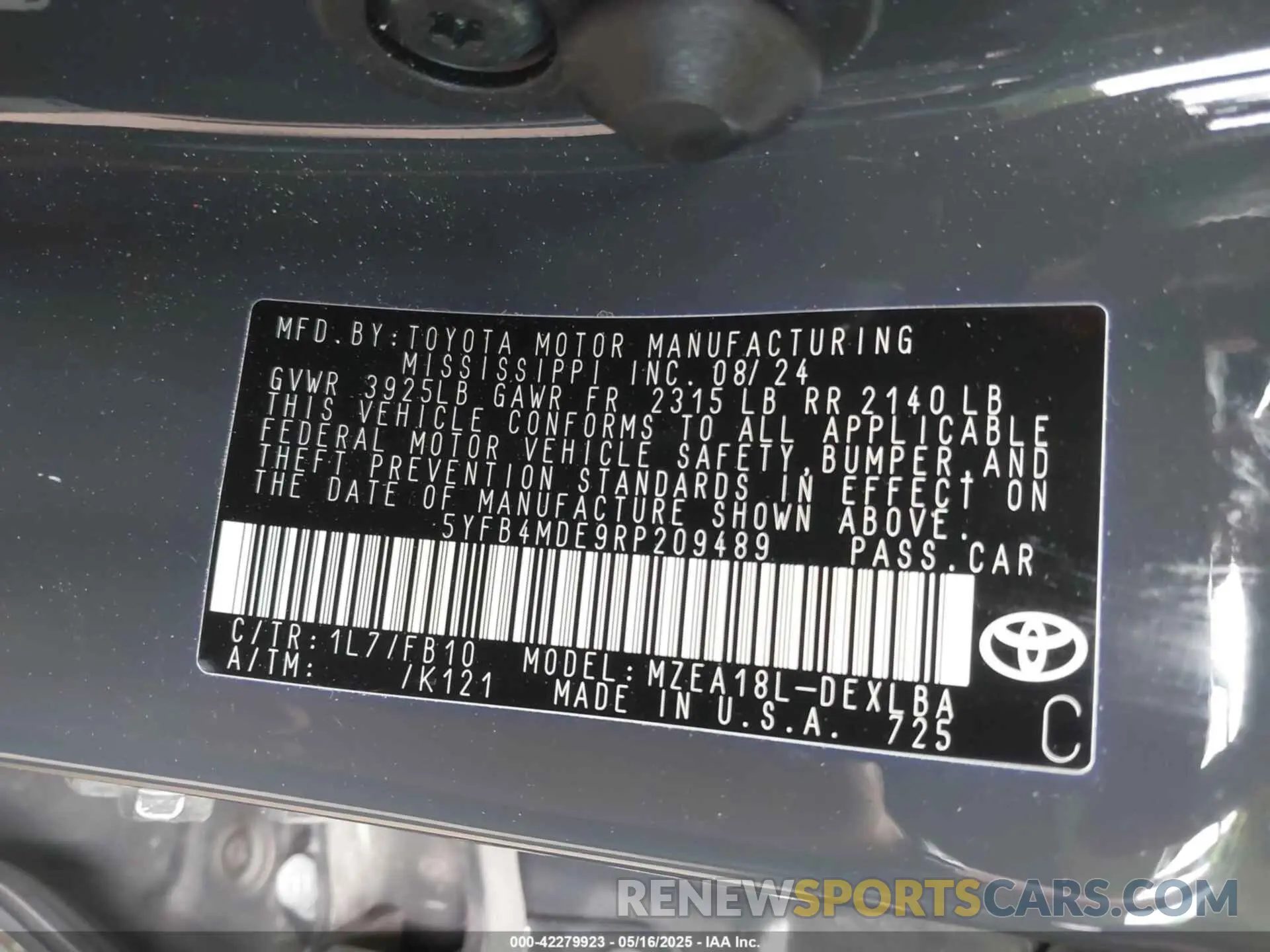 9 fotografías del automóvil dañado 5YFB4MDE9RP209489 TOYOTA COROLLA 2024