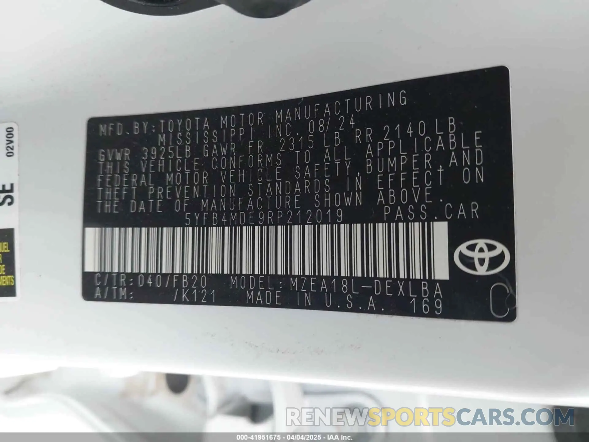 9 fotografías del automóvil dañado 5YFB4MDE9RP212019 TOYOTA COROLLA 2024