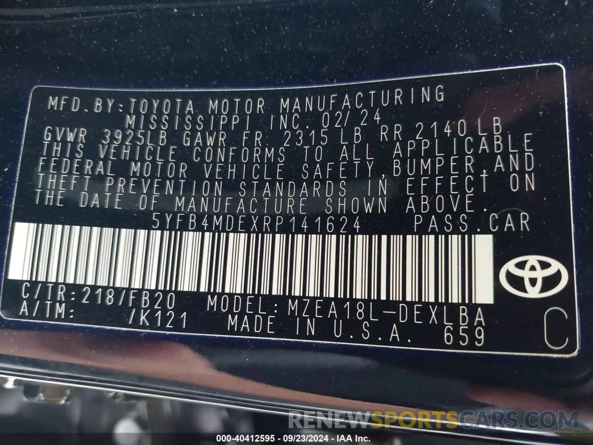 9 fotografías del automóvil dañado 5YFB4MDEXRP141624 TOYOTA COROLLA 2024