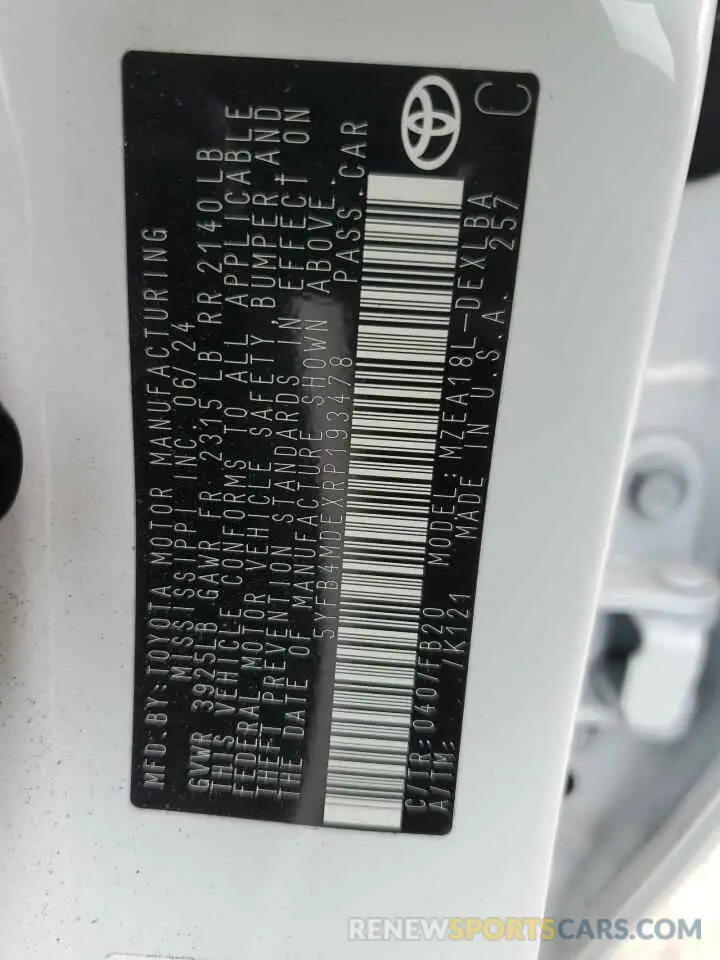 12 fotografías del automóvil dañado 5YFB4MDEXRP193478 TOYOTA COROLLA 2024
