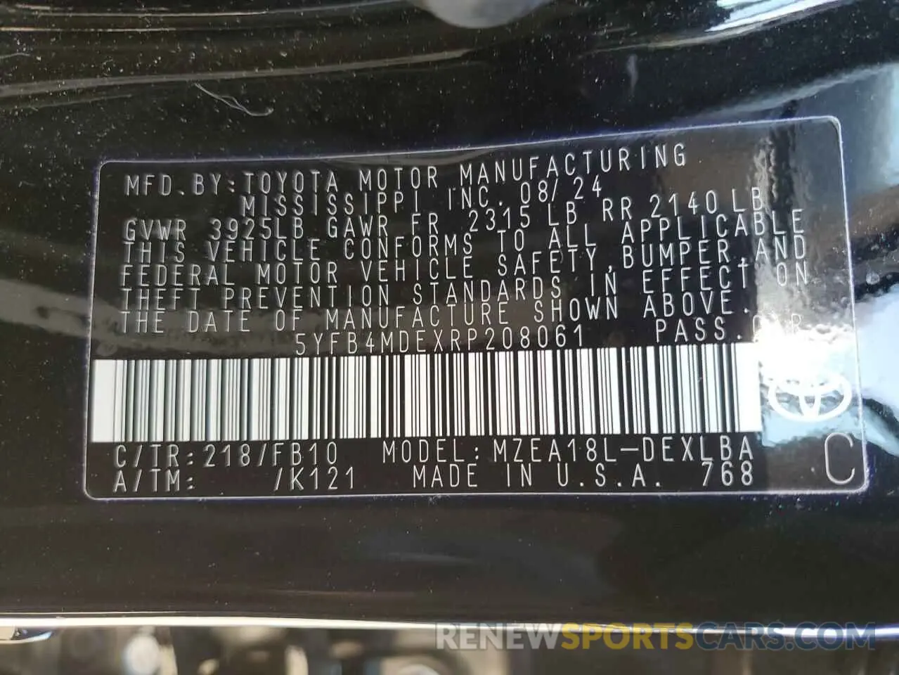 12 fotografías del automóvil dañado 5YFB4MDEXRP208061 TOYOTA COROLLA 2024
