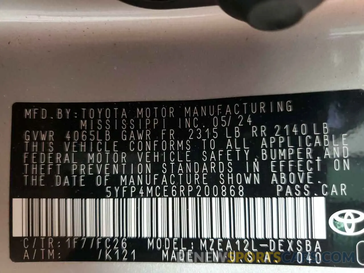 12 fotografías del automóvil dañado 5YFP4MCE6RP200868 TOYOTA COROLLA 2024
