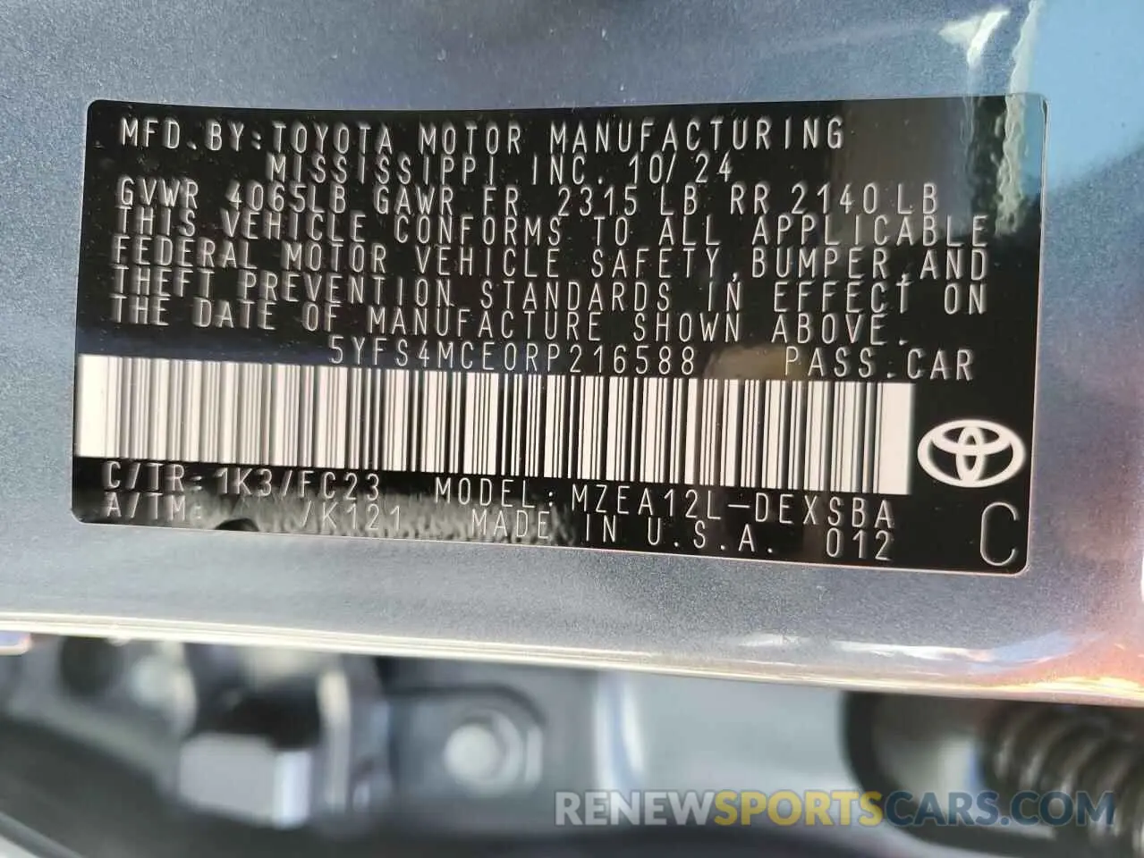14 fotografías del automóvil dañado 5YFS4MCE0RP216588 TOYOTA COROLLA 2024