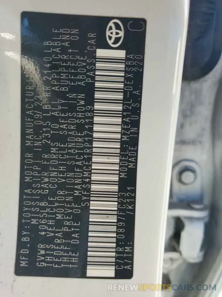 12 fotografías del automóvil dañado 5YFS4MCE1RP171189 TOYOTA COROLLA 2024