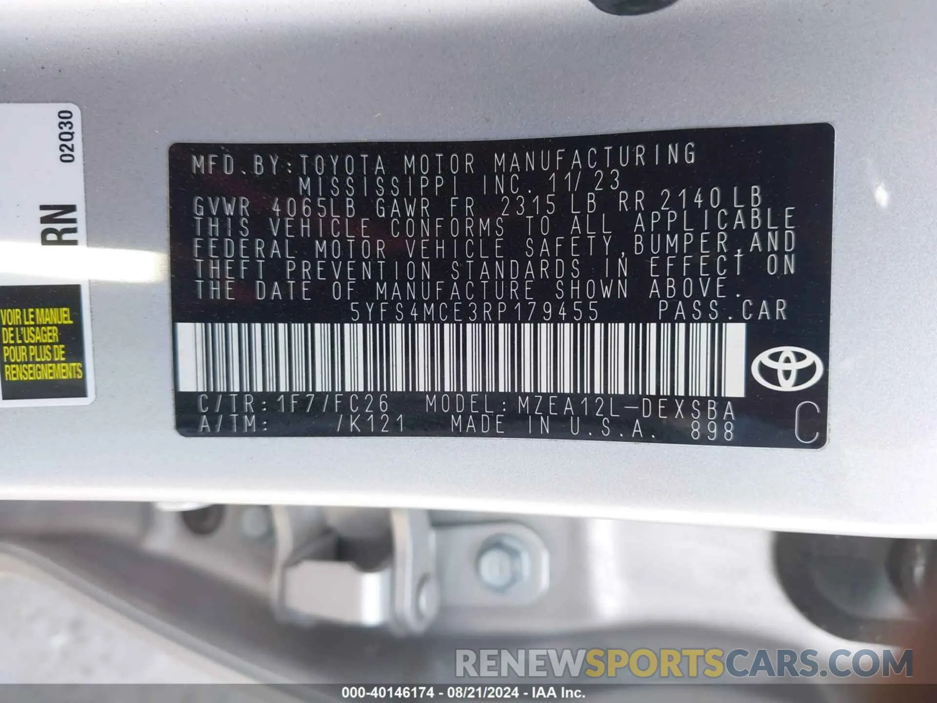 9 fotografías del automóvil dañado 5YFS4MCE3RP179455 TOYOTA COROLLA 2024