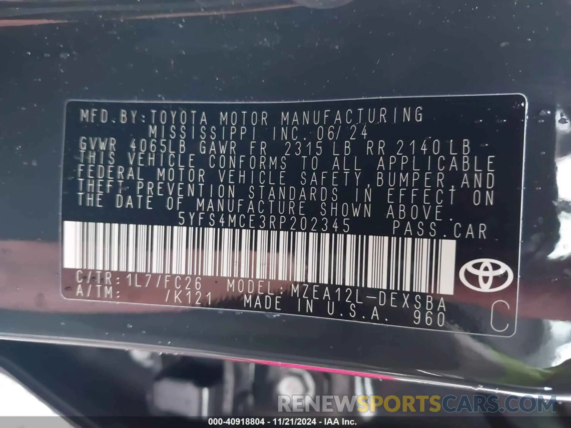 9 fotografías del automóvil dañado 5YFS4MCE3RP202345 TOYOTA COROLLA 2024