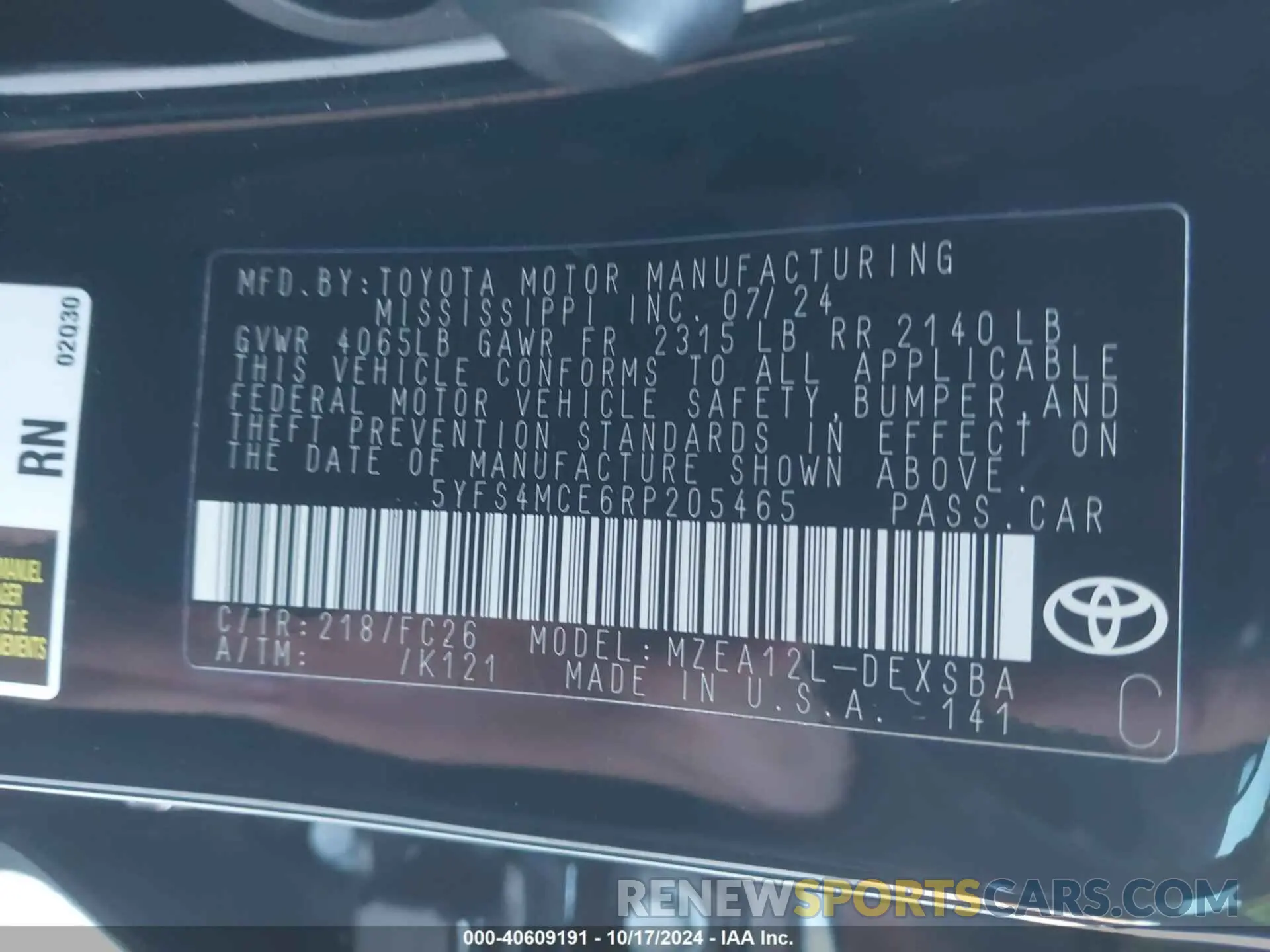 9 fotografías del automóvil dañado 5YFS4MCE6RP205465 TOYOTA COROLLA 2024