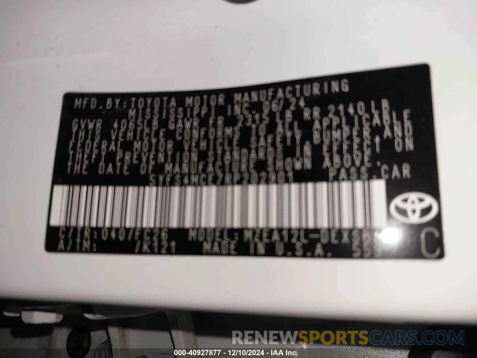 9 fotografías del automóvil dañado 5YFS4MCE7RP202901 TOYOTA COROLLA 2024