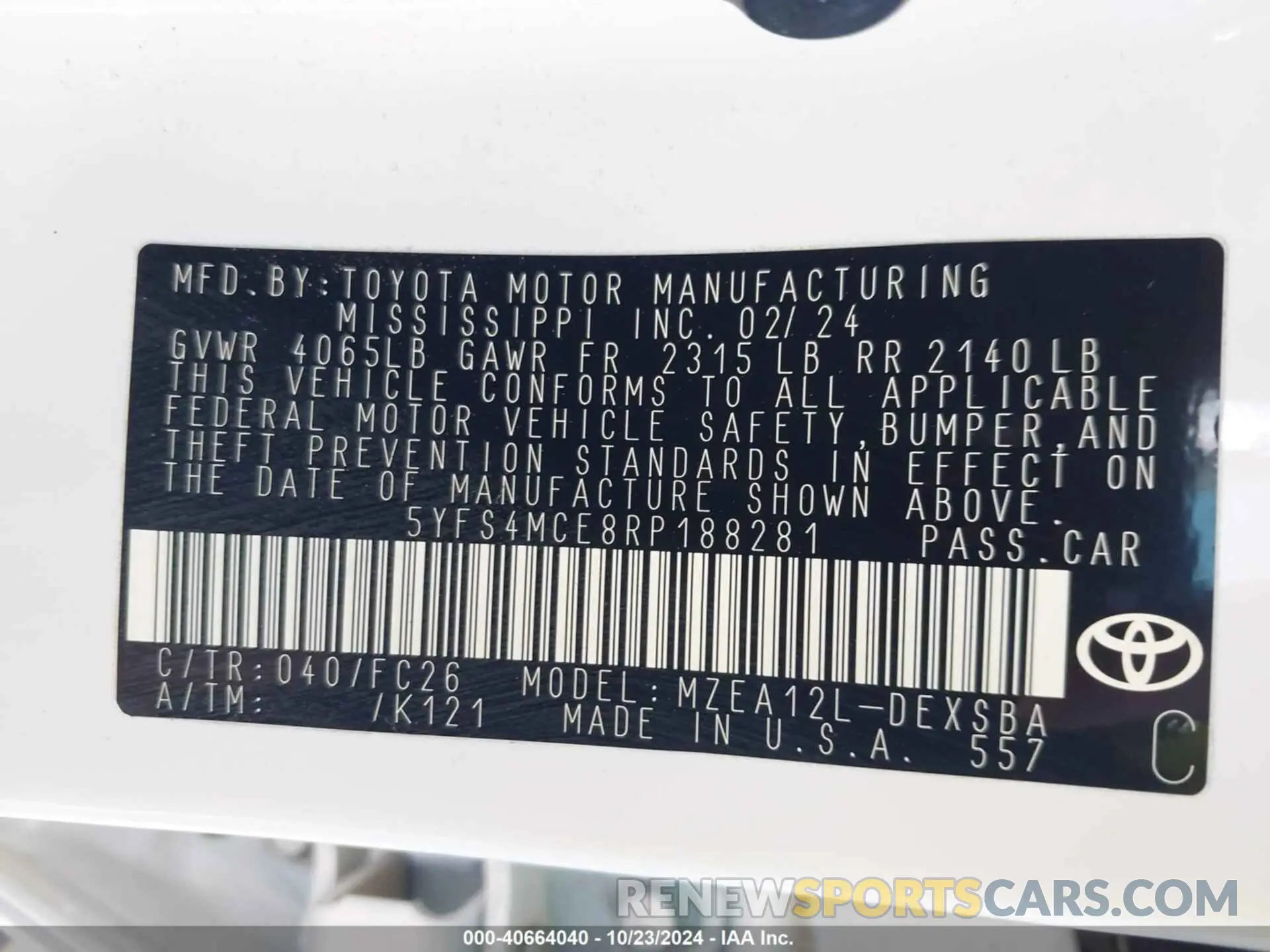 9 fotografías del automóvil dañado 5YFS4MCE8RP188281 TOYOTA COROLLA 2024