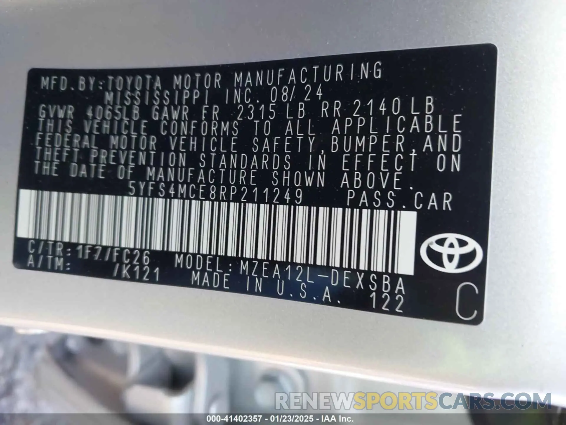 9 fotografías del automóvil dañado 5YFS4MCE8RP211249 TOYOTA COROLLA 2024