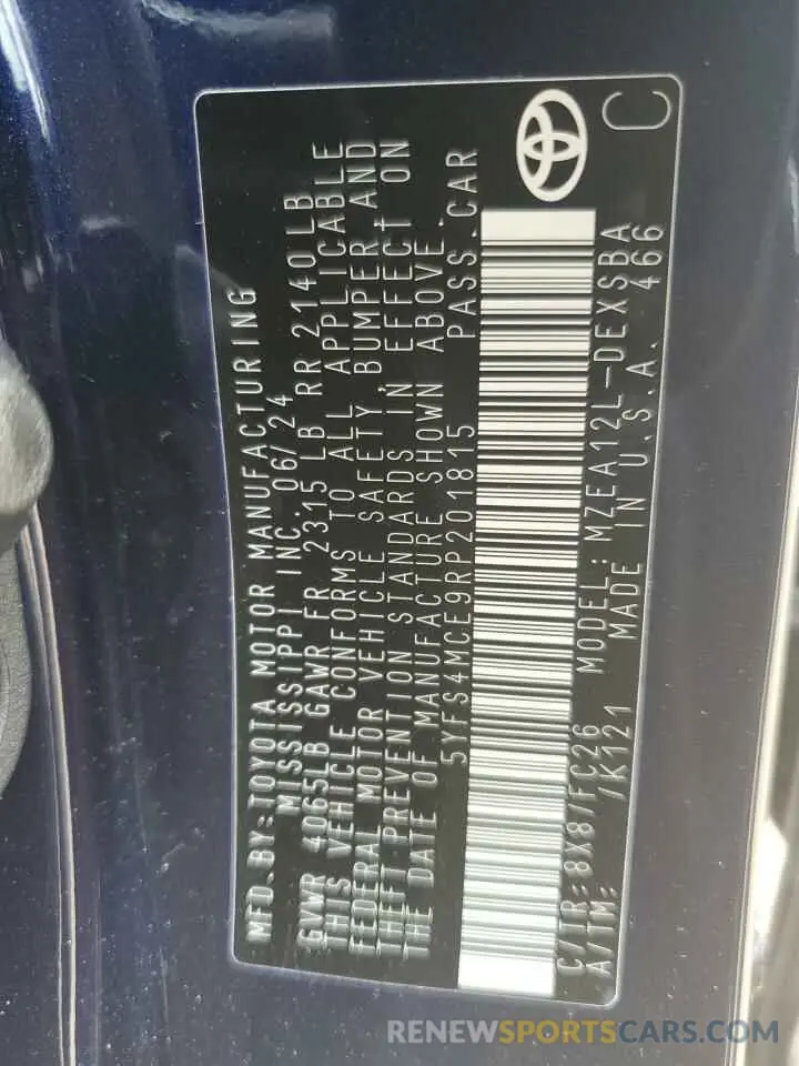 12 fotografías del automóvil dañado 5YFS4MCE9RP201815 TOYOTA COROLLA 2024
