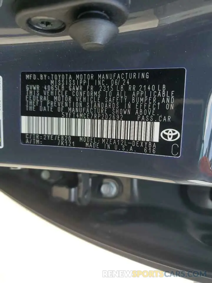 12 fotografías del automóvil dañado 5YFT4MCE7RP202692 TOYOTA COROLLA 2024
