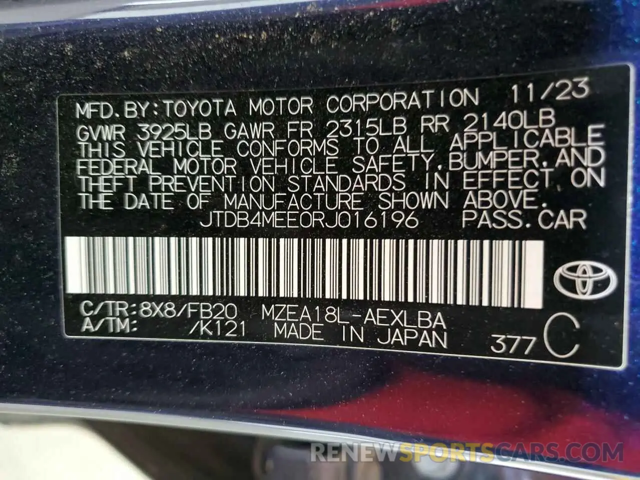 12 fotografías del automóvil dañado JTDB4MEE0RJ016196 TOYOTA COROLLA 2024