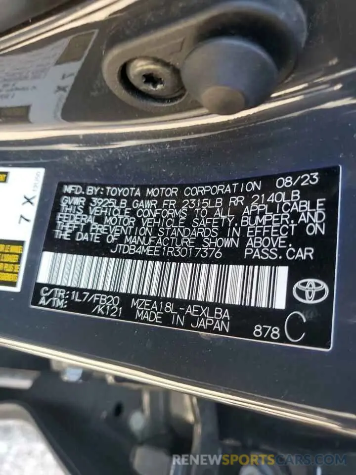10 fotografías del automóvil dañado JTDB4MEE1R3017376 TOYOTA COROLLA 2024