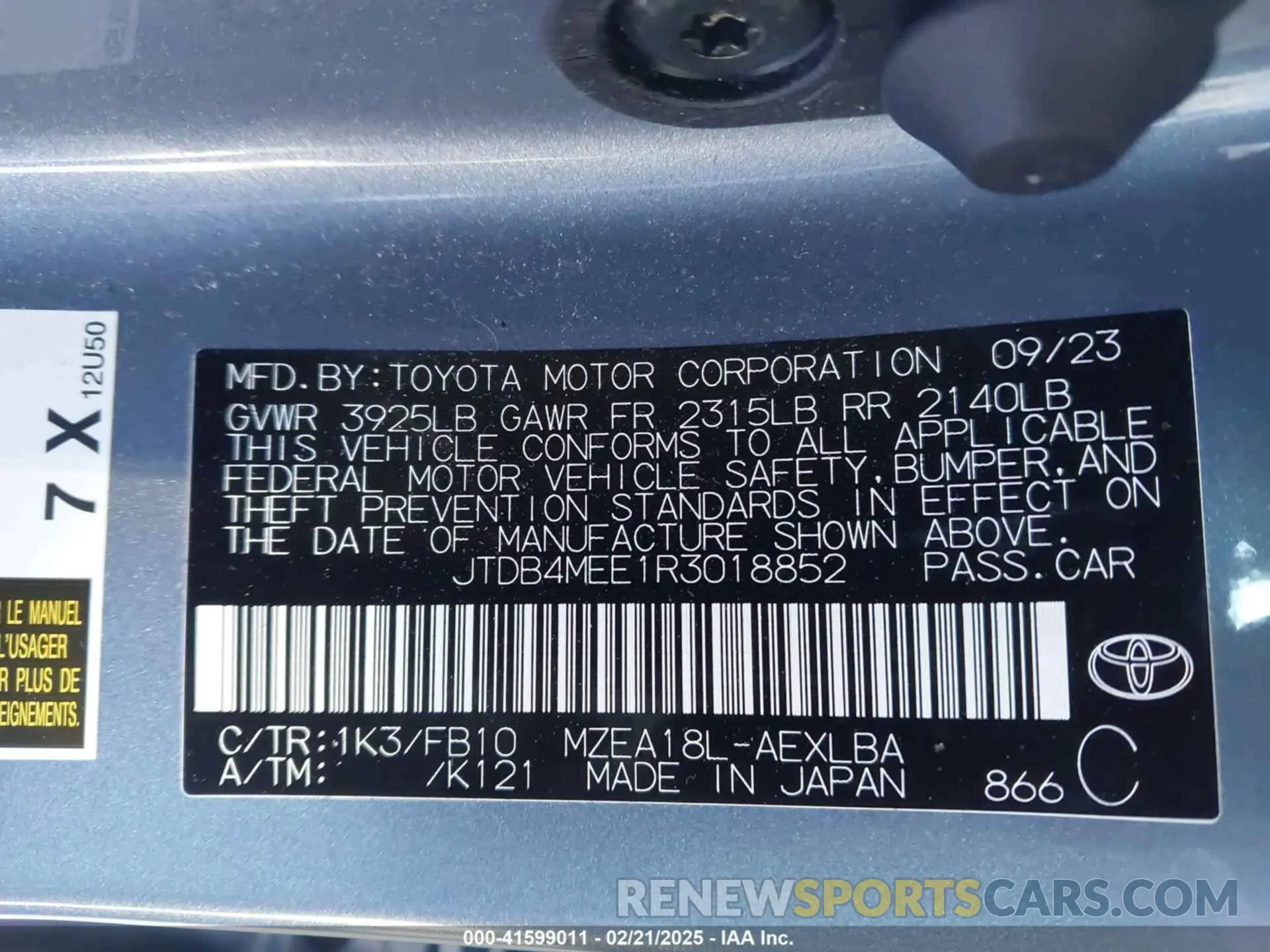 9 fotografías del automóvil dañado JTDB4MEE1R3018852 TOYOTA COROLLA 2024