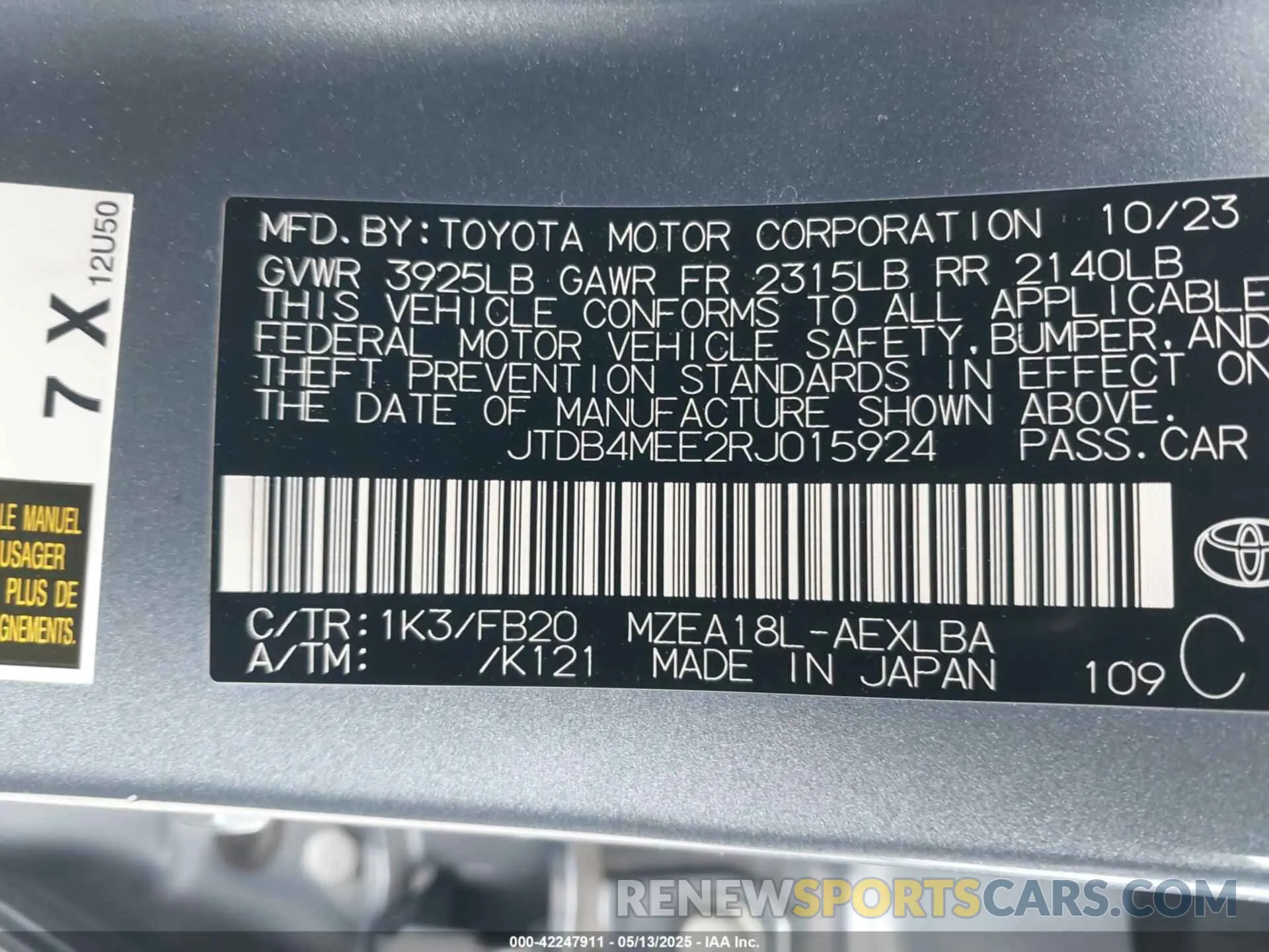 9 fotografías del automóvil dañado JTDB4MEE2RJ015924 TOYOTA COROLLA 2024